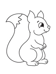 Cute squirrel with a nut in its paws for coloring page or book. Cartoon wild animal character. Black and white vector

