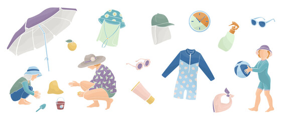 woman, boy and girl on the beach, set elements about protective measures against the solar radiation and UV ultraviolet on the beach for kids,color vector illustration
