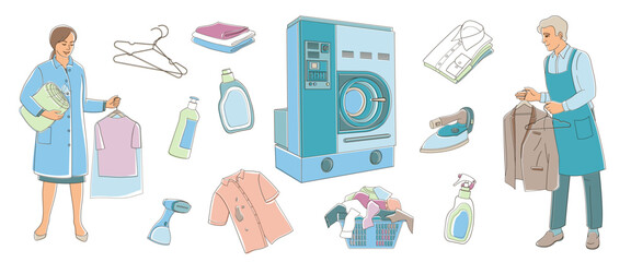 dry Cleaning and laundry service staff smiling characters on white background  in uniform and set elements about dry cleaning, color vector illustration
