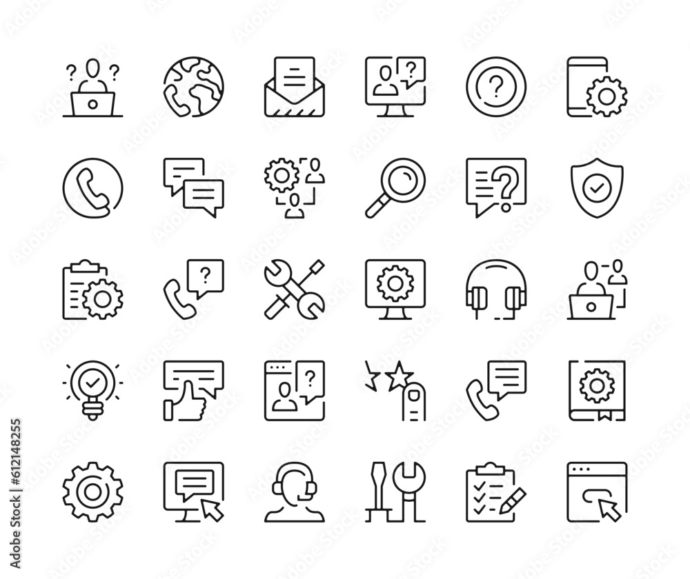 Poster technical support icons. vector line icons set. it support, maintenance, call center concepts. black