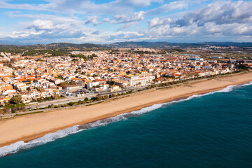 View from drone of Mediterranean seascape of Malgrat de Mar city, Catalonia, province of Barcelona