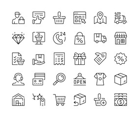 Ecommerce icons. Vector line icons set. Online shopping, internet business, shop, ecommerce concepts. Black outline stroke symbols