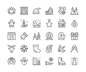 Christmas icons. Vector line icons set. Happy New Year, xmas, celebration, winter holidays concepts. Black outline stroke symbols