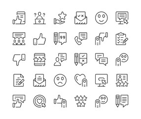 Customer feedback icons. Vector line icons set. User reviews, crm, comments, testimonials concepts. Black outline stroke symbols