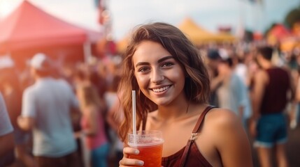Beautiful girl with a glass of drink at the hot summer vacation open air festival concert. Generative AI.