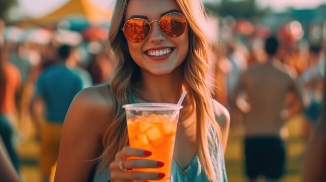 Beautiful girl with a glass of drink at the hot summer vacation open air festival concert. Generative AI.