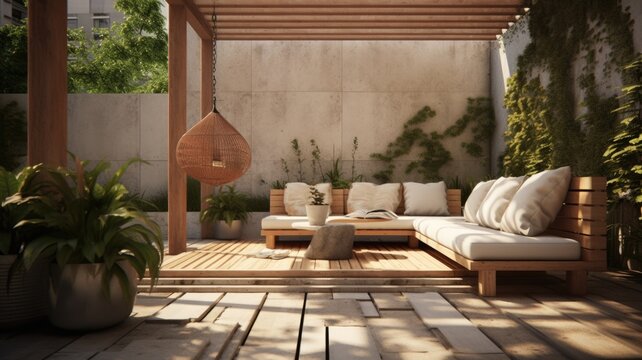 The Open Space Of Modern Wooden And Concrete Patio Seating Area In Natural Style. Generative AI Image AIG30.