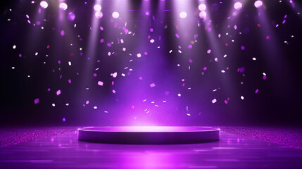 Empty purple festive stage with light beams and shines glow, empty room at night background with copy space for award ceremony, jubilee or product presentations. Generative AI	
