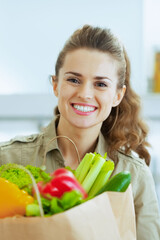 Happy young housewife with shopping bag full of vegetables