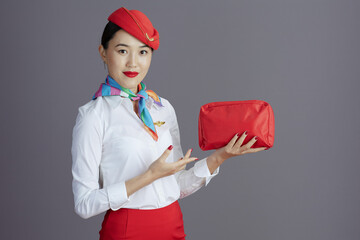 elegant air hostess asian woman isolated on gray