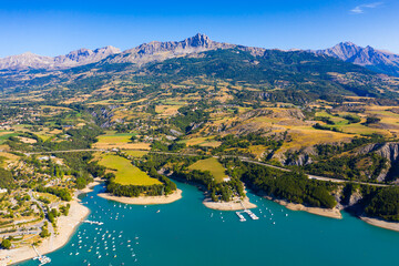 Aerial landscape with Serre-Poncon Lake and Alps, France