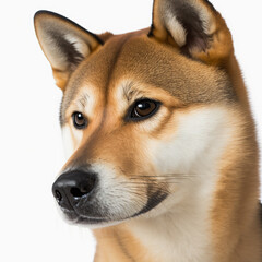 Adorable shiba inu dog portrait looking at camera isolated on white background as concept of domestic pet in ravishing hyper realistic detail by Generative AI.