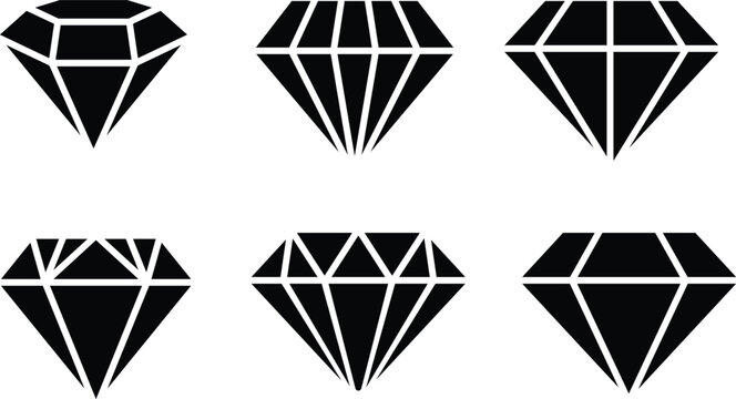 Vector set black diamond icon, jewelry  precious stones collection, simple brilliant geometric web symbol. minimal icons gemstones symbols 