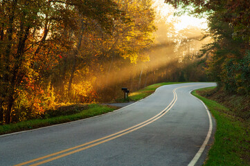 Sunbeams on a country road on a fall morning in Dahlonega, Georgia