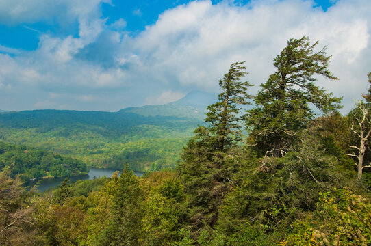 Grandfather Mountain and Grandmother Lake as seen from the Blue Ridge Parkway near Linville, North Carolina