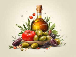 illustration of a glass bottle of olive oil, olives and different vegetables isolated on white background, commercial. Greek or italian olive oil in glass bottle drawn with vegetables. Generative AI