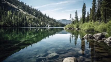 Fototapeta na wymiar a clear clean lake in the mountains. Generative AI