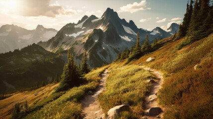 a snowy mountain and a green meadow in the foreground. Generative AI