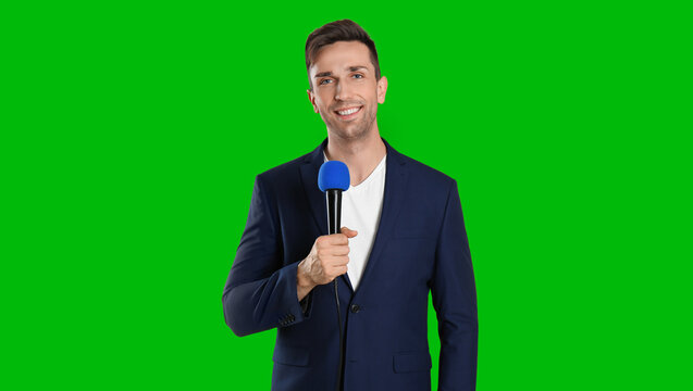 Chroma key compositing. Broadcaster with microphone against green screen, banner design