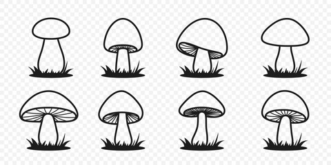  Flat Vector Hand Drawn Cartoon Mushroom Icon Set. Mushrooms Collection.