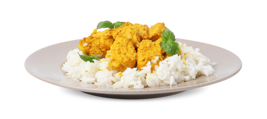 Delicious rice and chicken with curry sauce isolated on white