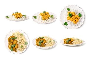 Set of delicious curry dishes on white background, different views