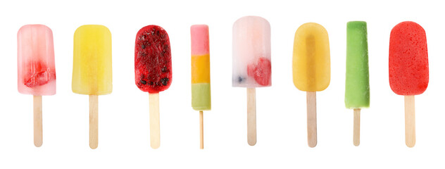 Set of different tasty ice creams on white background