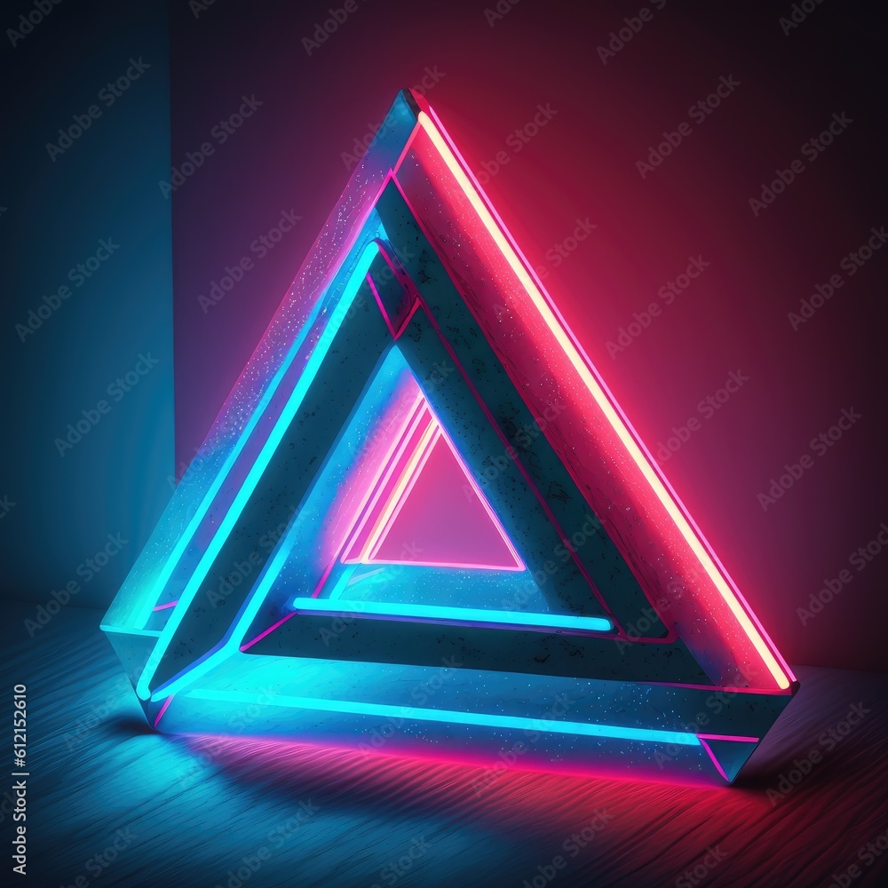 Poster overlapped lightning neon magical triangle effecting on black background. reflection of glowing digi