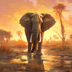 Fototapeta na wymiar A painting of an Elephant standing in the water - Generative AI