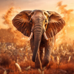 An Elephant walking through a field in a blurred background - Generative AI