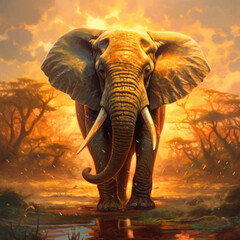 A painting of an Elephant standing in the water in a Savannah - Generative AI