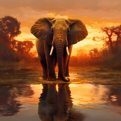 A painting of an Elephant standing in the water in a Savannah - Generative AI