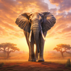 Fototapeta na wymiar A painting of an Elephant standing on a dirt road - Generative AI