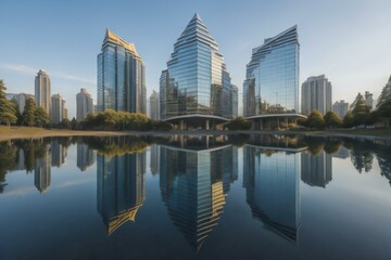 Fototapeta na wymiar Reflection of skyscrapers in the lake at. generative ai
