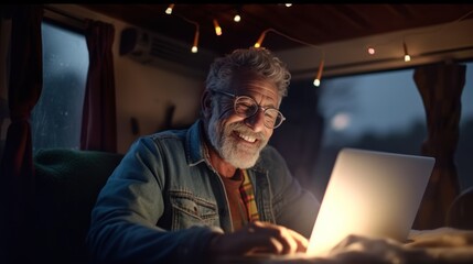 Happy old man sitting in motorhome van using laptop Smiling active adult traveler holding computer on lap remotely working online. Freelance. Relaxing in outdoor camping.Generated with AI