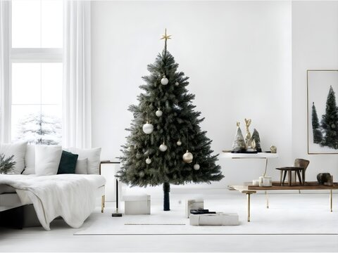 A Minimalist Living Room with a Christmas tree, Created with Generative AI Technology.