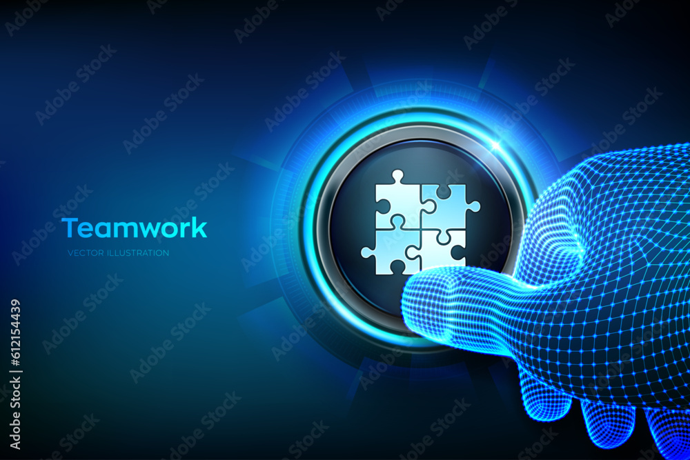Poster teamwork button. puzzle team elements icon. business partnership concept. global cooperation communi