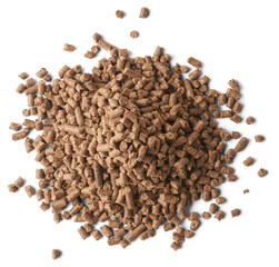 pile of chicken feed pellets, common form of feed used in poultry industry, compressing and shaping mixture of ingredients into small cylindrical pellets, isolated background