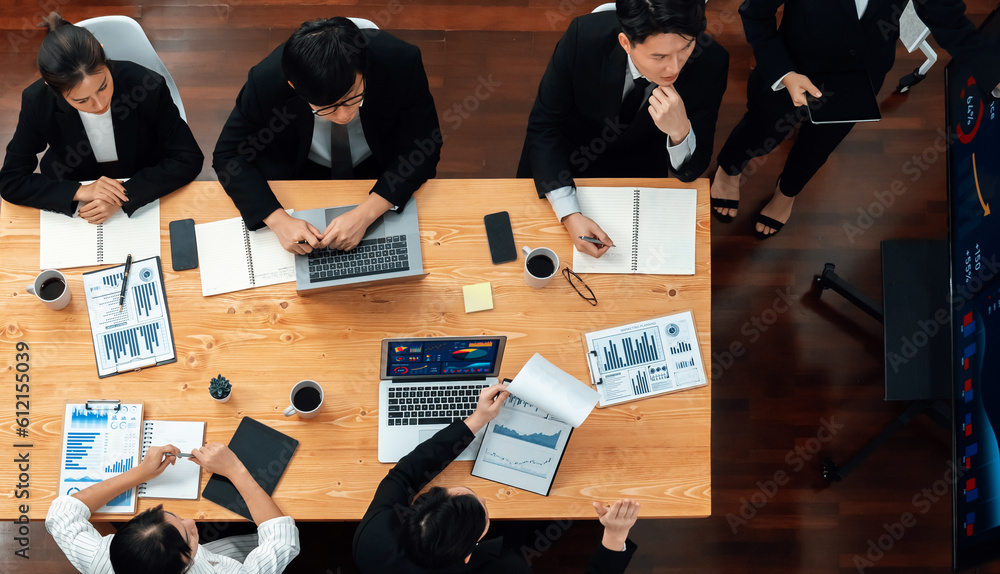 Poster top view manager or office worker give presentation in harmony conference room to business colleague