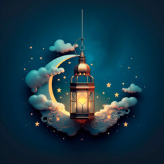An Eid-al-Adha illustration with Star and crescent moon night and illuminated lantern with clouds around, Generative AI
