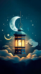 Fototapeta na wymiar An Eid-al-Adha illustration with Star and crescent moon night and illuminated lantern with clouds around, Generative AI