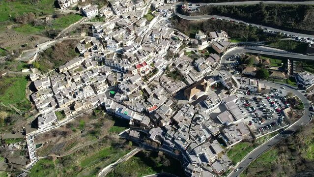 Aerial view above the beautiful village of Capileira in the gorge of the Poqueira in Andalusia Spain	