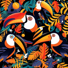 colorful design featuring toucans, in the style of dynamic lettering, surreal organic shapes, whistlerian, psychedelic illustration