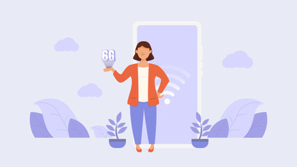 Young adult women with the latest generation of 6G network technology. Smartphone signal is fast. Flat vactor