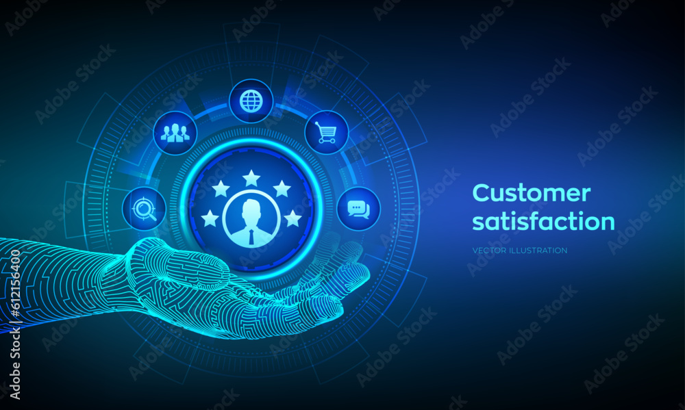 Poster customer satisfaction icon in robotic hand. customer survey and feedback analytics concept on viruta