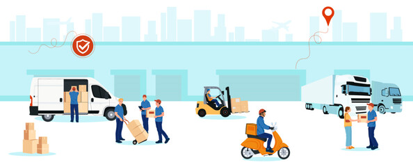 Safe cargo delivery, forwarding company, shipping warehouse, cargo transportation, couriers. - obrazy, fototapety, plakaty