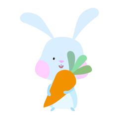 Rabbit character design. Cute white bunny with carrot. Rabbit cartoon. Vector illustration. stock image.