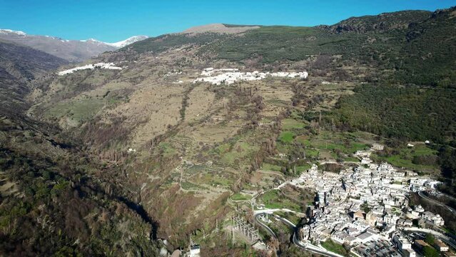 Aerial view above the beautiful village of Capileira in the gorge of the Poqueira in Andalusia Spain	