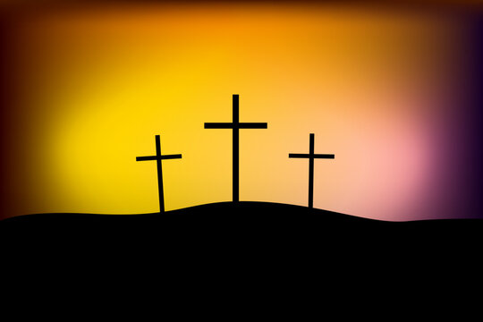 Mount Calvary Golgotha. Three crosses. Orange glow. Vector illustration. stock image.