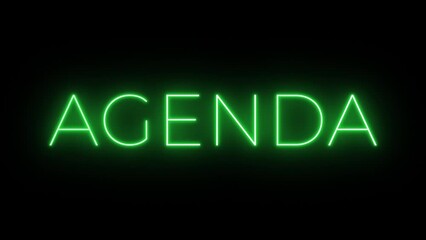 Flickering neon green glowing agenda text animated on black background - Powered by Adobe